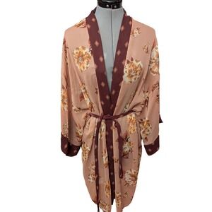 Xhilaration Womens Kimono Robe M/L Floral Peach Brown‎ Open Front Tie Belt